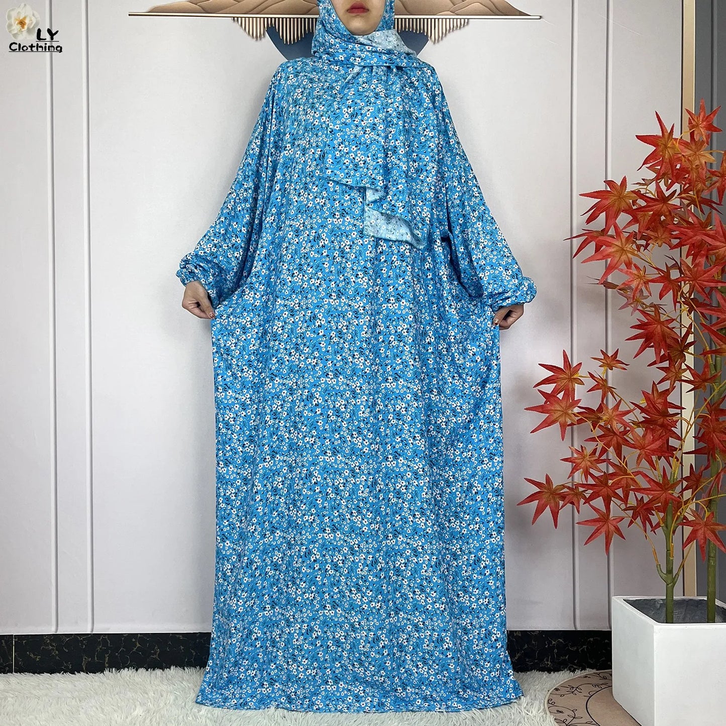 New Muslim Long Sleeved Cotton For Women Ramadan Prayer Turkey Middle East Femme Robe Floral Loose African Abaya Dress Scarfs