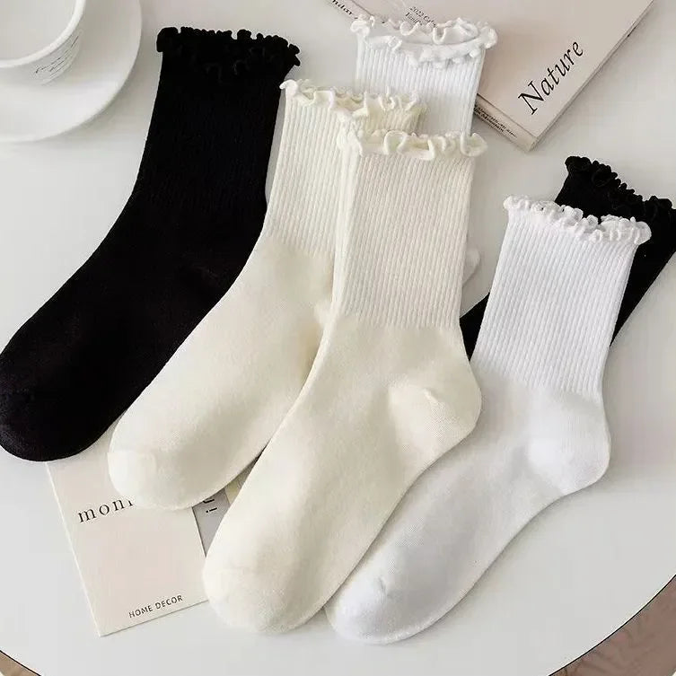 1/3/5pairs Cotton Ruffles Ankle Socks Women Lolita Cute Kawaii Korean Stocking Girl Spring Black White Middle Tube Japanese Sox