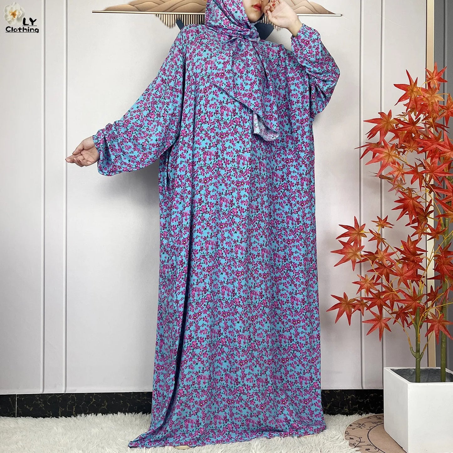 New Muslim Long Sleeved Cotton For Women Ramadan Prayer Turkey Middle East Femme Robe Floral Loose African Abaya Dress Scarfs