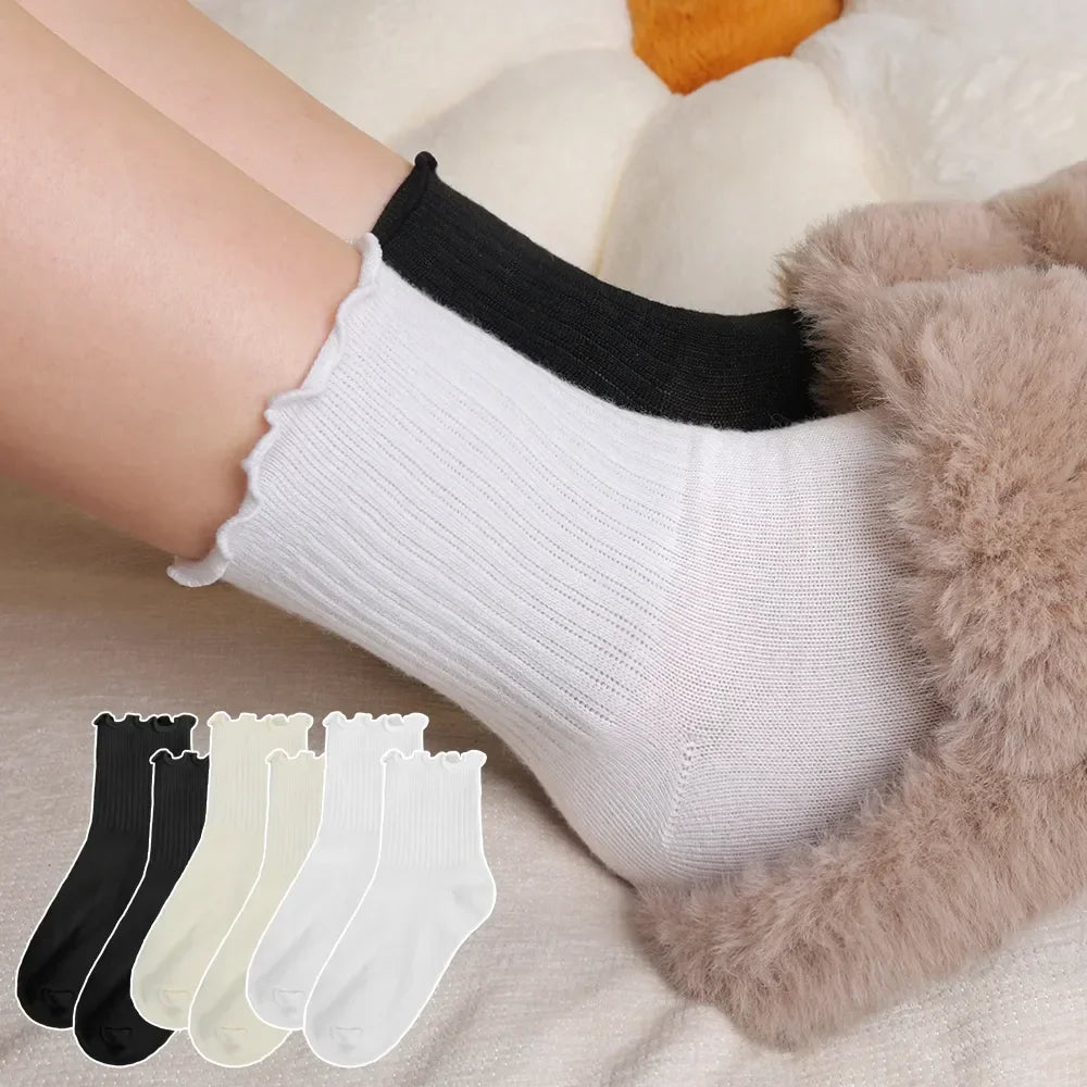 1/3/5pairs Cotton Ruffles Ankle Socks Women Lolita Cute Kawaii Korean Stocking Girl Spring Black White Middle Tube Japanese Sox