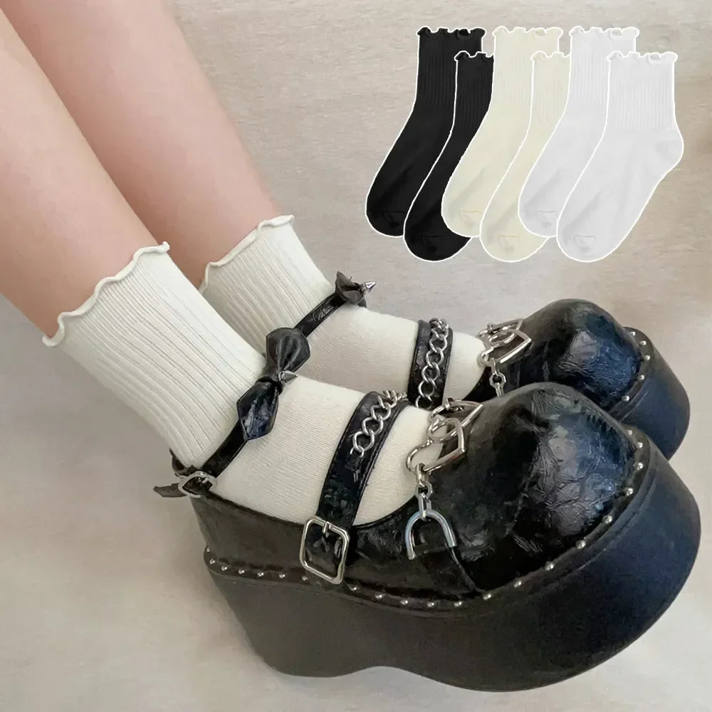 1/3/5pairs Cotton Ruffles Ankle Socks Women Lolita Cute Kawaii Korean Stocking Girl Spring Black White Middle Tube Japanese Sox