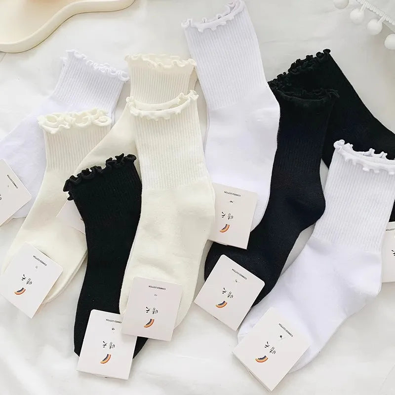 1/3/5pairs Cotton Ruffles Ankle Socks Women Lolita Cute Kawaii Korean Stocking Girl Spring Black White Middle Tube Japanese Sox