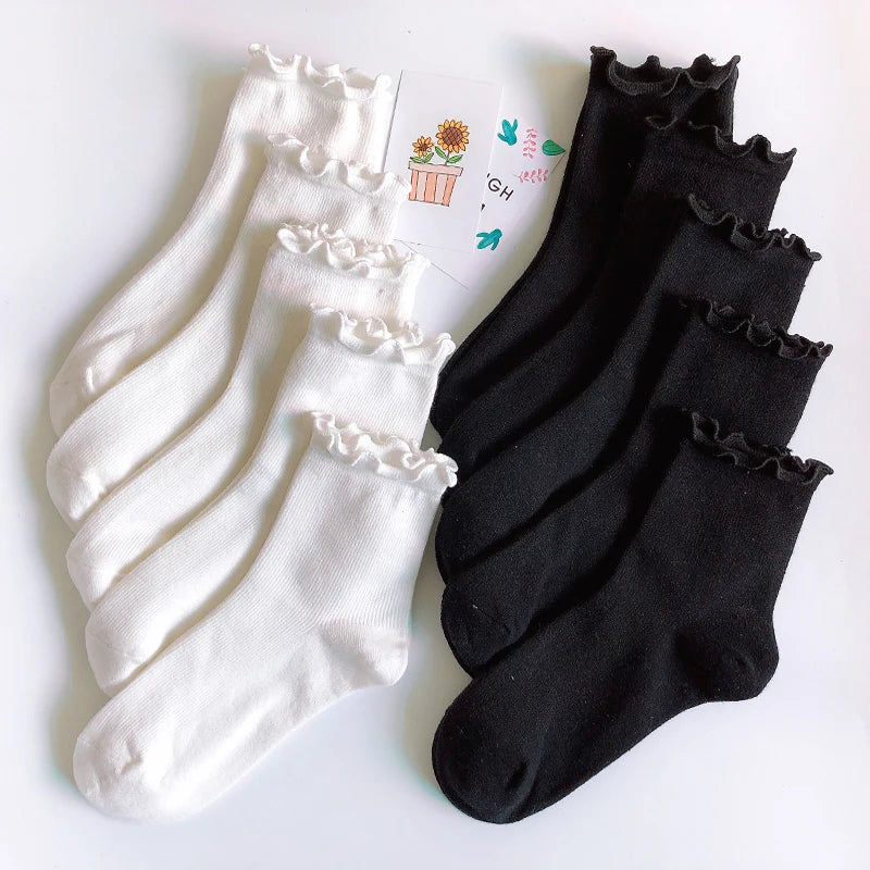 1/3/5pairs Cotton Ruffles Ankle Socks Women Lolita Cute Kawaii Korean Stocking Girl Spring Black White Middle Tube Japanese Sox