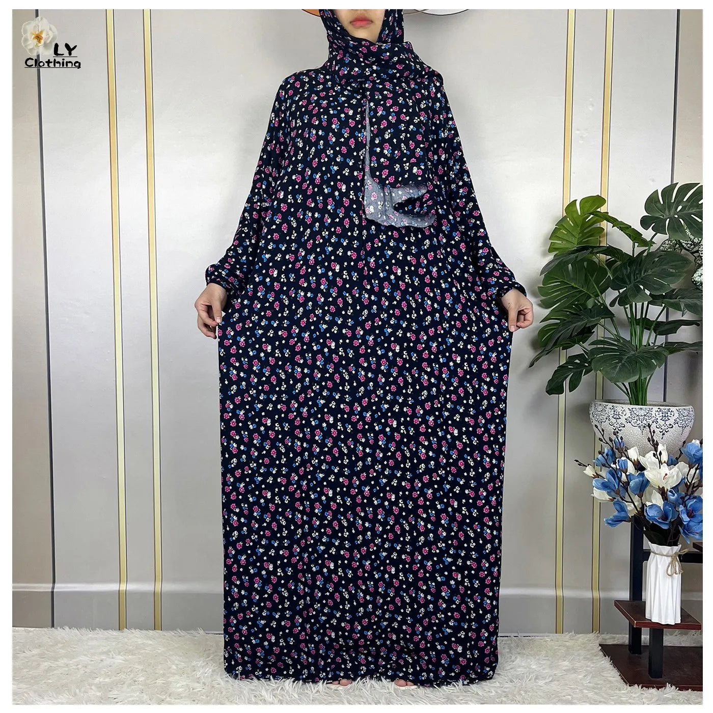 New Muslim Long Sleeved Cotton For Women Ramadan Prayer Turkey Middle East Femme Robe Floral Loose African Abaya Dress Scarfs