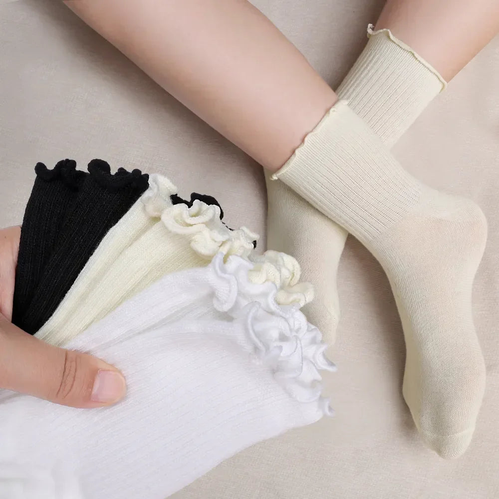 1/3/5pairs Cotton Ruffles Ankle Socks Women Lolita Cute Kawaii Korean Stocking Girl Spring Black White Middle Tube Japanese Sox