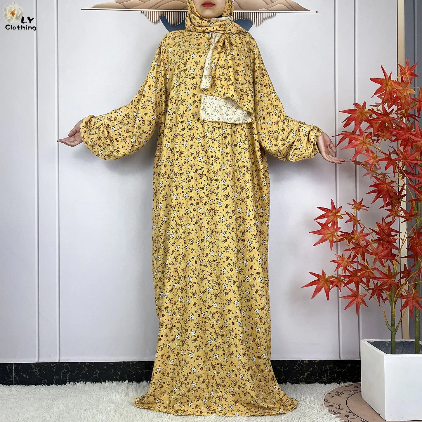 New Muslim Long Sleeved Cotton For Women Ramadan Prayer Turkey Middle East Femme Robe Floral Loose African Abaya Dress Scarfs