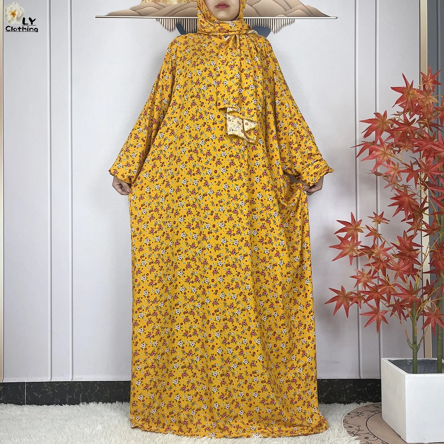 New Muslim Long Sleeved Cotton For Women Ramadan Prayer Turkey Middle East Femme Robe Floral Loose African Abaya Dress Scarfs