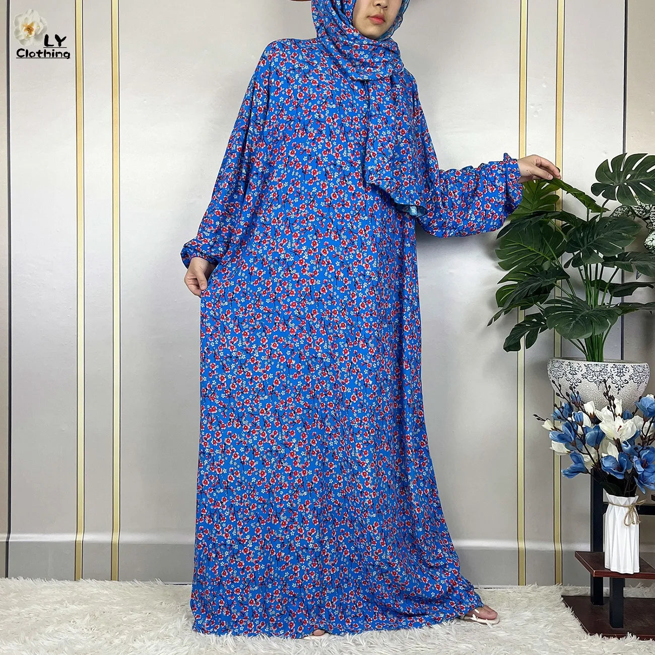 New Muslim Long Sleeved Cotton For Women Ramadan Prayer Turkey Middle East Femme Robe Floral Loose African Abaya Dress Scarfs